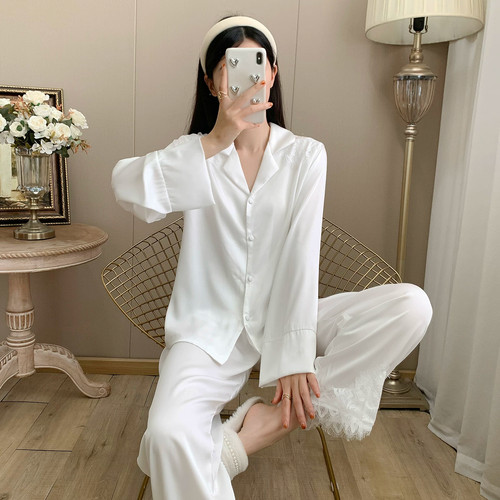 维多利亚纯白色女士真丝薄款睡衣秋季新款蕾丝拼接高级休闲家居服