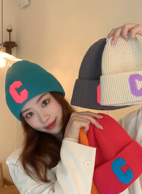 韩版简约大C字母毛线帽子秋季帽女新款减龄保暖护耳针织帽冬学生