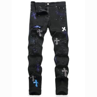 黑色新款红潮破洞儿童牛仔裤十字架男女刺绣大童修身水洗小脚裤子