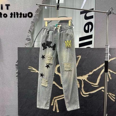 美式高街网红同款AM金标刺绣牛仔裤男百搭刺绣小脚学生直筒长裤潮
