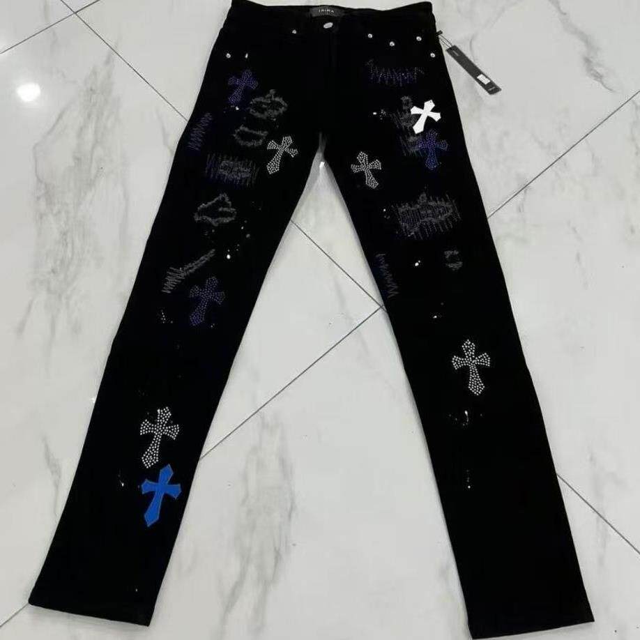 美式高街黑色刮烂破洞儿童牛仔裤刺绣十字架修大童小脚休闲长裤子