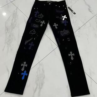 美式高街黑色刮烂破洞儿童牛仔裤刺绣十字架修大童小脚休闲长裤子