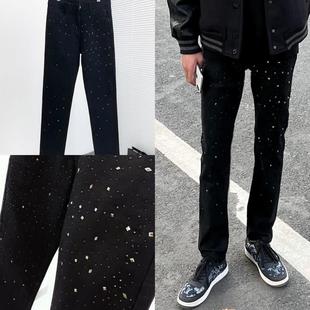 中大童装黑色烫钻满天星牛仔裤子男潮网红同款百搭潮牌宽松休闲裤