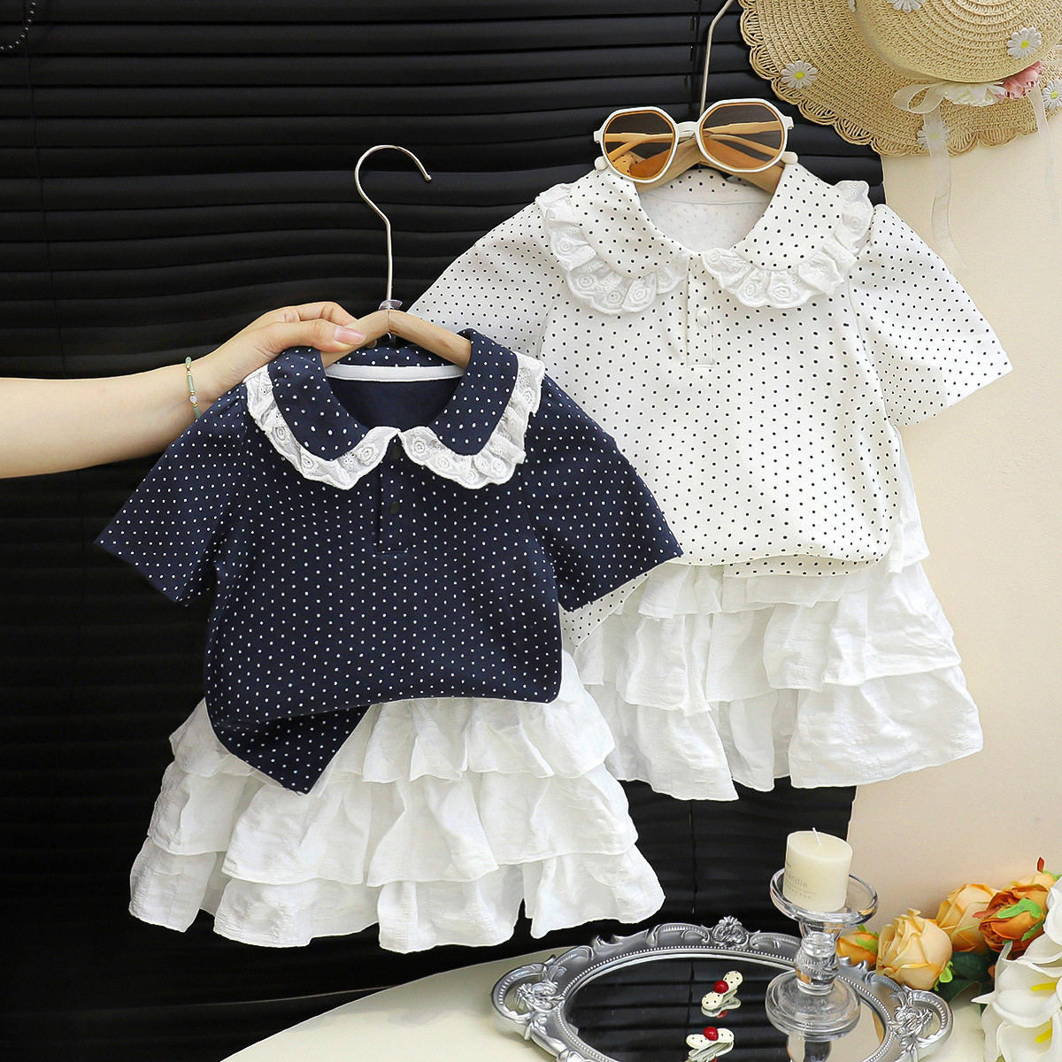 女童polo衫波点翻领短袖蛋糕裙套装夏季新款女孩夏款宝宝衣服套装