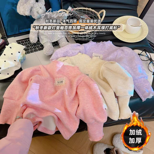 女童卫衣休闲打底冬季考拉绒打底T恤女童加绒加厚灯笼袖保暖卫衣