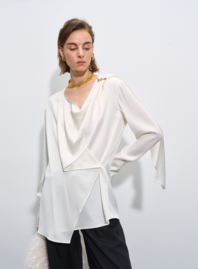 APARALLEL 2025早秋尚雯婕同款两穿围巾款V领醋酸飘带搭片衬衫