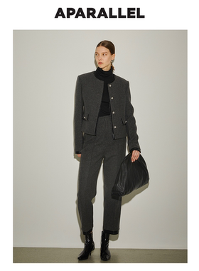 小香风皮质拼接短款羊毛外套 / 高腰皮质拼接羊毛九分裤