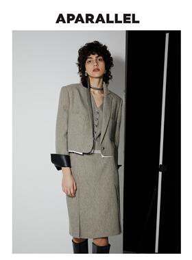 【尚雯婕同款】摩登毛边金属扣拼皮小香风套装高级感冬裙2024新款