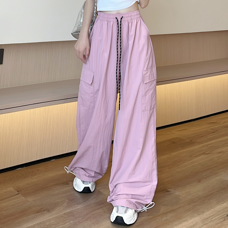 速干工装女夏季薄款高腰休闲美式小个子嘻哈跳舞运动直筒阔腿裤子