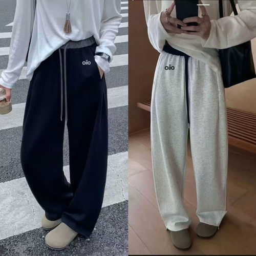 【高克重 高品质版本】秋冬加绒刺绣小标棉美式休闲弯刀阔腿裤女