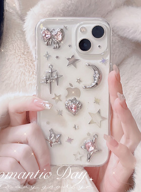 日韩少女立体粉钻蝴蝶结适用苹果17 16pro手机壳iPhone13 12 11promax星星月亮滴胶软壳XR/7/8p保护套新款se3