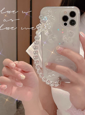 水晶链条小熊适用苹果16 15 17promax手机壳iPhone14 13 12 11pro软壳xsmax闪粉XR透明Air保护套se3少女日韩