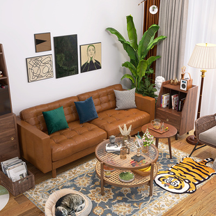 兰德克纳沙发中古风头层牛皮直排沙发轻奢小户型客厅直排三人位