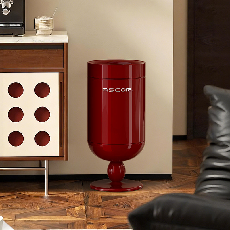 不锈钢垃圾桶客厅高脚酒杯家用2026新款中古风红色高颜值无盖复古