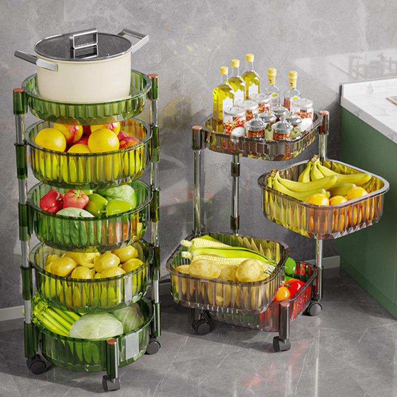厨房旋转多功能置物架落地多层家用零食小推车水果蔬菜篮子收纳架