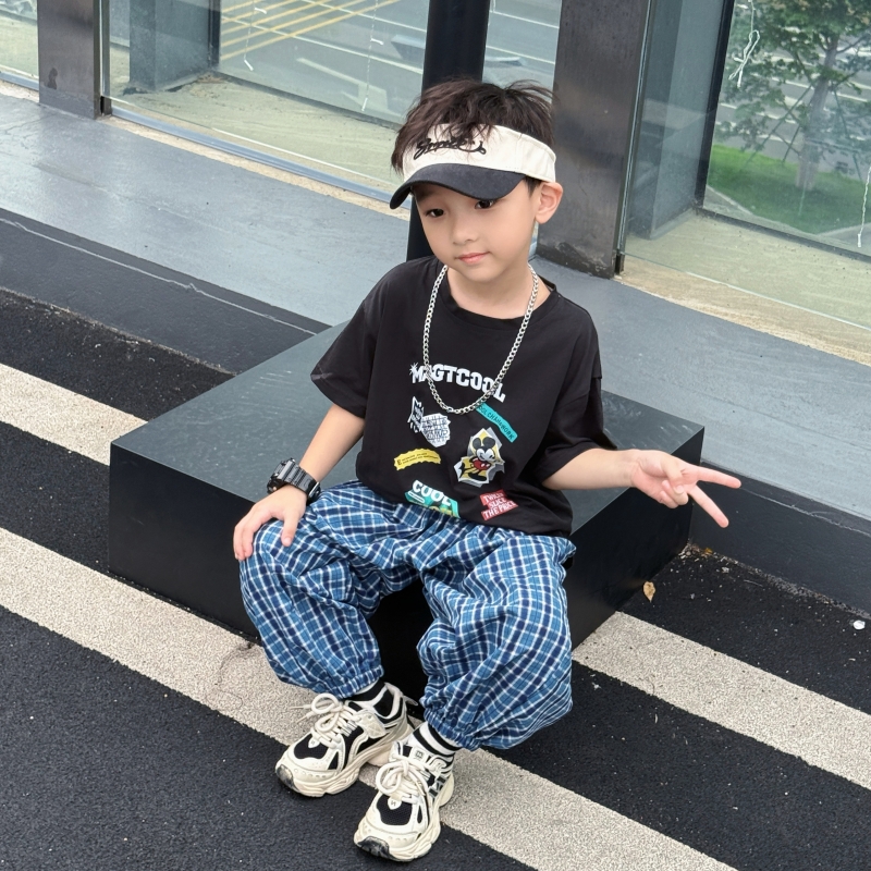 高品质男童夏季印花短袖T恤+洋气格子裤套装两件套