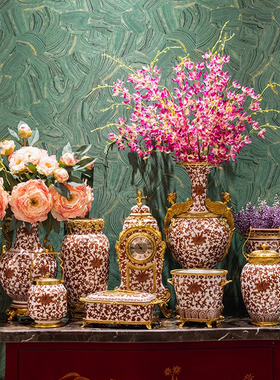 欧美式手绘摆件 法式纯铜瓷花瓶 美式奢华复古典盖坛装饰罐插花盆