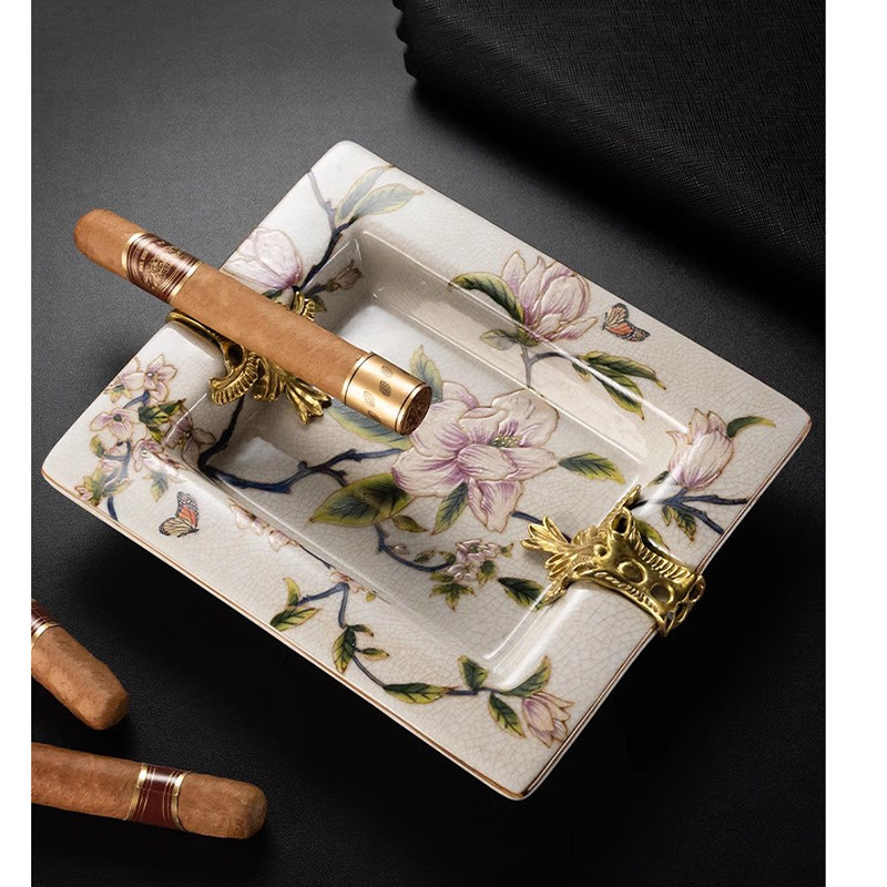 欧美式烟灰缸法式奢华烟碟别墅复古典高端档铜配瓷客厅装饰品摆件