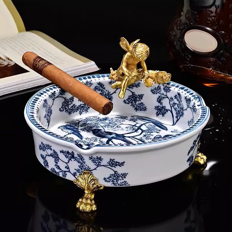 欧美式烟灰缸 法式奢华烟碟 复古典收纳糖果碗客厅茶几铜青花瓷碟