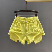 小众磨破显瘦a字热裤 2026年新款 女夏装 荧光黄色辣妹阔腿牛仔短裤