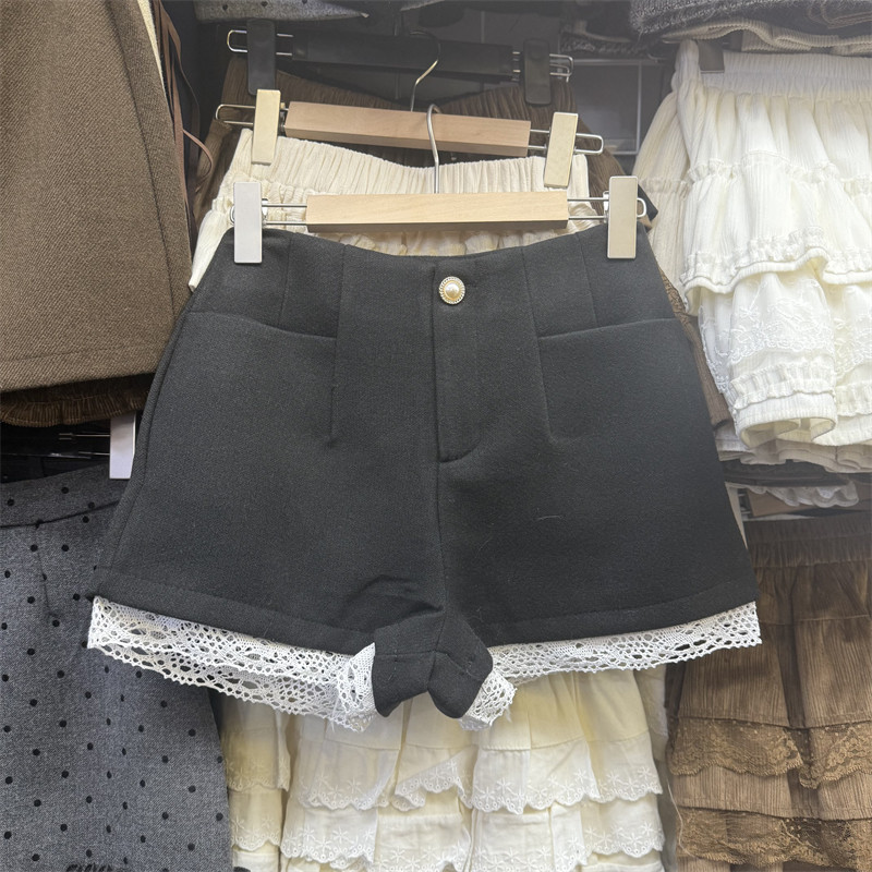 蕾丝花边拼接高腰毛呢短裤女2025秋冬新气质显瘦休闲阔腿a字靴裤