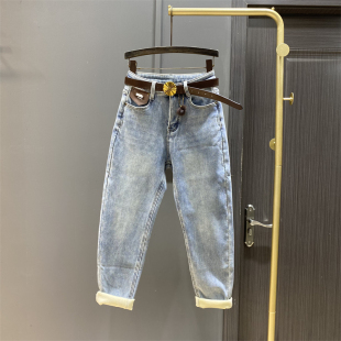 垮裤 女高腰宽松休闲老爹萝卜裤 浅蓝色加绒哈伦牛仔裤 2025秋冬新款