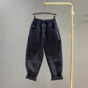 垮裤 加绒加厚显瘦宽松休闲老爹裤 女秋冬新款 黑色松紧腰牛仔哈伦裤