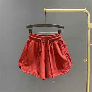 运动休闲短裤 2024夏装 新款 红色设计感抽绳松紧腰高腰阔腿热裤 女士