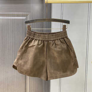 咖色pu皮裤 秋冬外穿打底阔腿靴裤 女2025新款 松紧腰休闲皮短裤