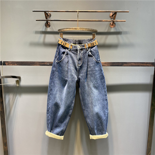 垮裤 欧货蓝灰色加绒老爹牛仔裤 松紧高腰阔腿宽松哈伦裤 新款 女冬季