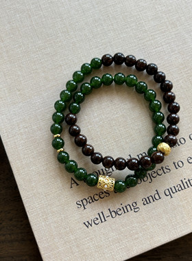 绿玉髓搭配檀木沙金沉稳双圈手链