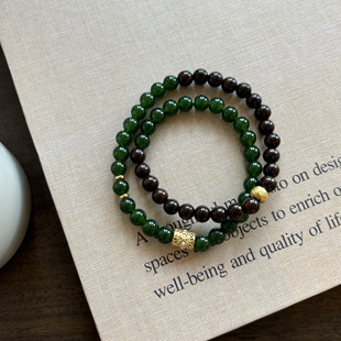 松风漱玉 原创自制新中式绿玉髓搭配檀木沙金沉稳气质双圈手链