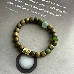 山色空蒙 原创自制新中式国风天然绿檀木桶珠气质沙金手链手串