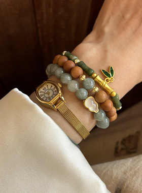 一抹青山 原创自制新中式南方玉芭比檀木缅甸玉双圈手链天然石串