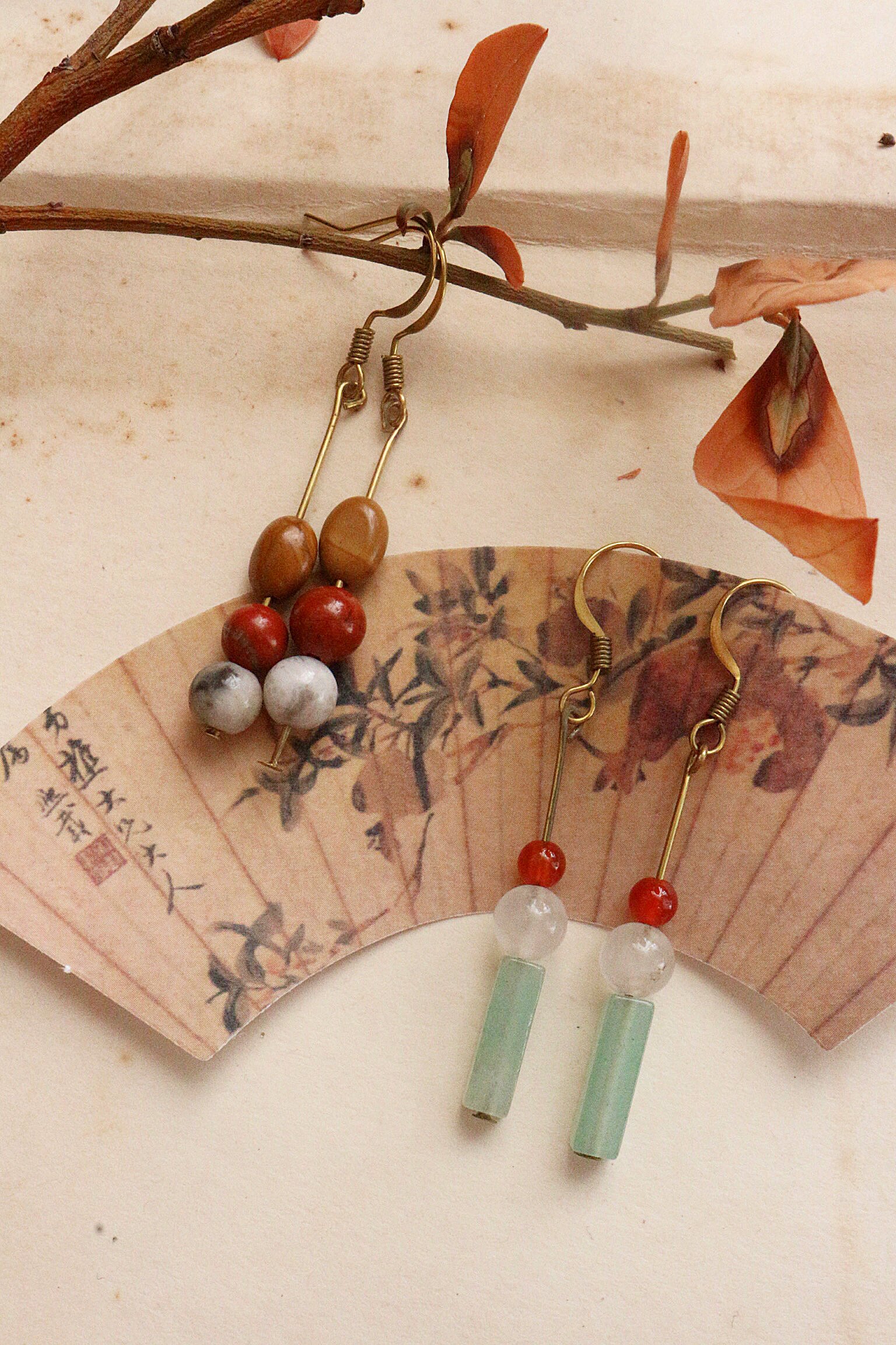 侘寂风 原创自制天然石绿东陵红木纹石耳钉耳夹