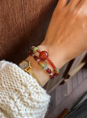 本命年红玛瑙天然石古物配色手串