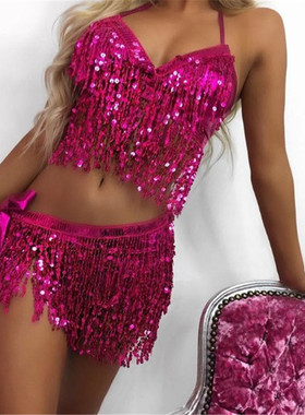 欧美舞台演出bling新款性感闪亮珠片流苏露脐套装包臀舞裙女1009