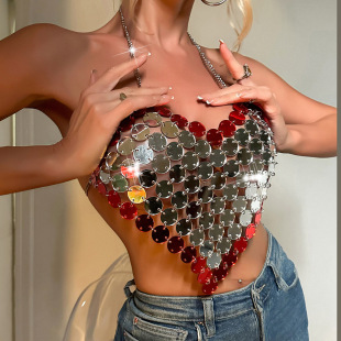 2024新款 上衣21419 亚马逊热销亚克力金属亮片链条露背女装