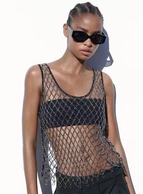 2023跨境热销欧美新款黑色网纱性感小背心透视内搭辣妹20890