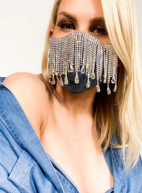 秋冬夏季欧美蹦迪个性闪闪水钻流苏宝石百搭口罩女士装饰面罩1297
