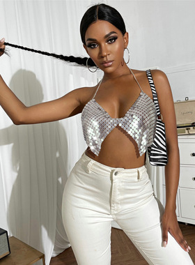 亚马逊2022新款欧美跨境女装金属性感亮片吊带夜店派对外穿20442