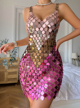 亚克力欧美2023亚马逊热销性感夜店纯手工拼接纯色连衣裙20664