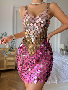 亚克力欧美2023亚马逊热销性感夜店纯手工拼接纯色连衣裙20664