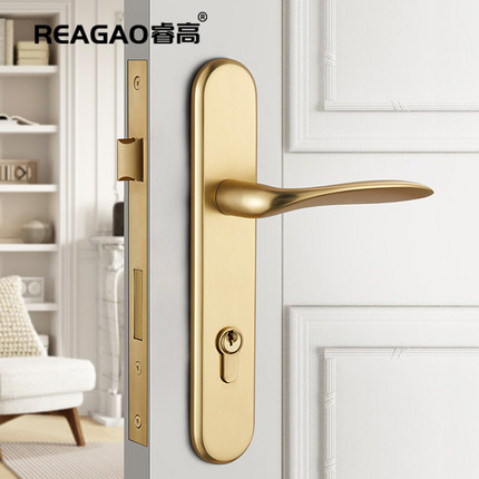 睿高纯铜卧室门锁家用通用型室内房间门锁木门把手哑金色锁具静音