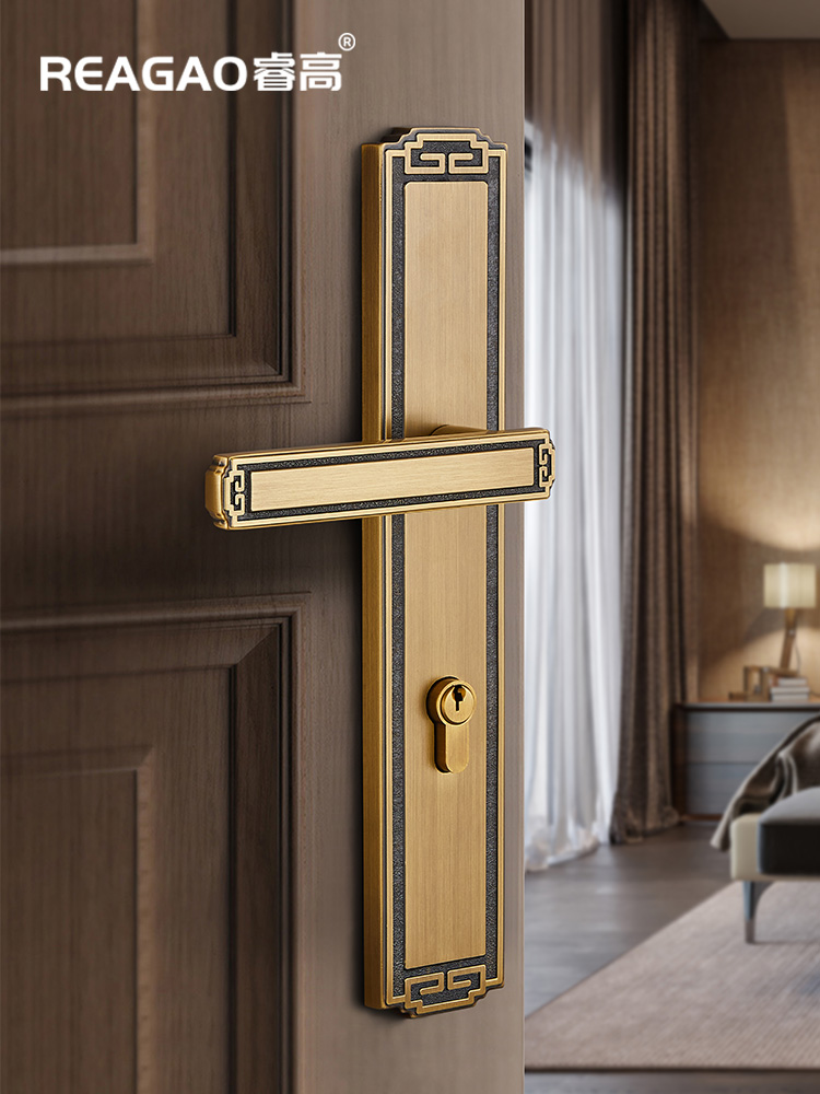 睿高 新中式黄铜门锁室内静音别墅双开木门把手卧室房门锁具全铜