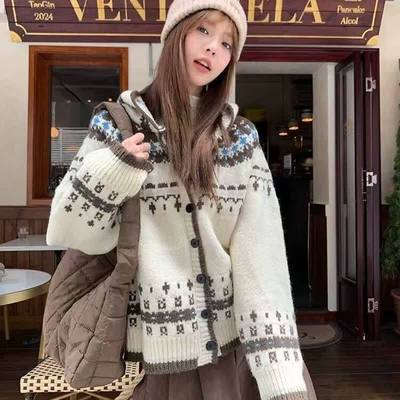 2025复古连帽毛衣男女秋冬新款撞色慵懒风连帽开衫针织休闲外套