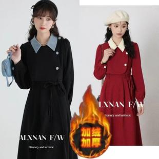 大码黑色长袖连衣裙子女秋冬季胖mm假两件套装垂感高级感西装长裙