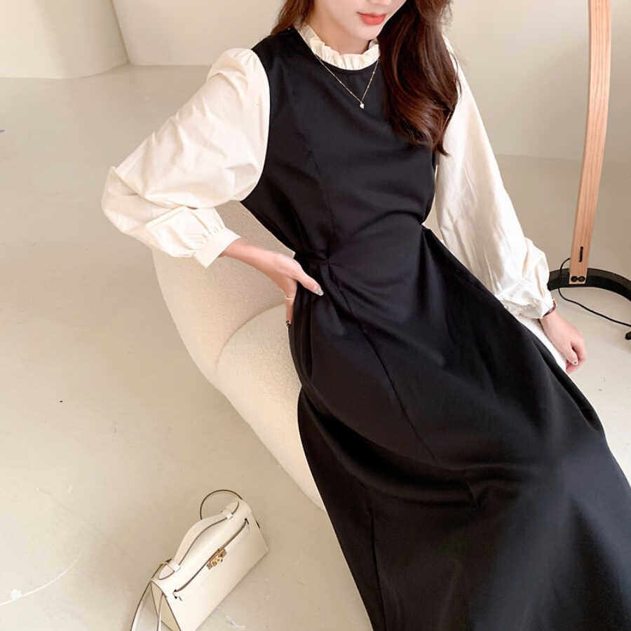 大码女装2025假两件早秋连衣裙女韩版简约赫本风收腰显瘦小黑裙潮