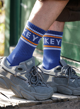 哈叔/HASU 蓝色加厚毛巾底男士秋冬街头运动字母篮球中筒潮牌棉袜