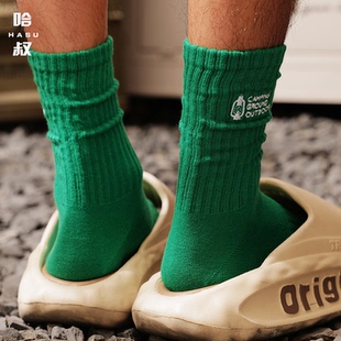 小众潮袜ins高帮棉袜 绿色日系刺绣潮牌中筒袜男生个性 哈叔 HASU